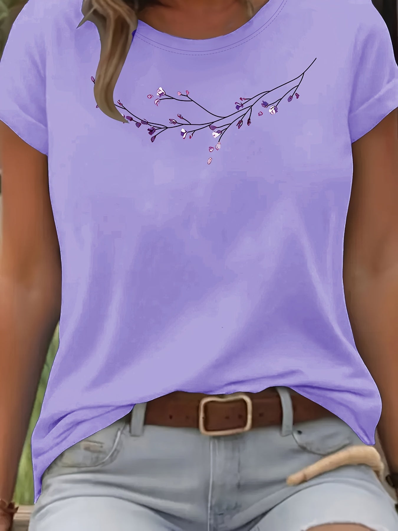 Floral Fashion Art Print Design T-Shirt, Short Sleeve Round Neck Casual Top for Summer Spring Women's Clothing Birthday Gift Friend Present Sister Presents