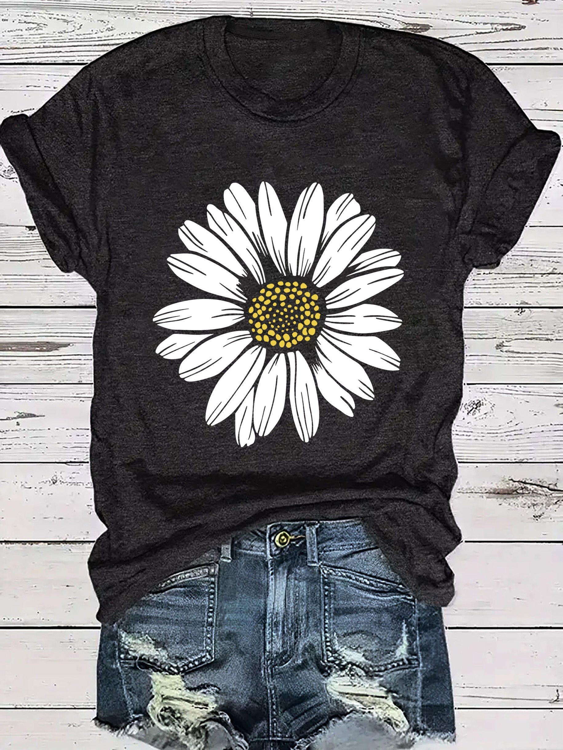 Daisy Flower Print Women's Summer Outfit Combined Version Round Neck T-shirt