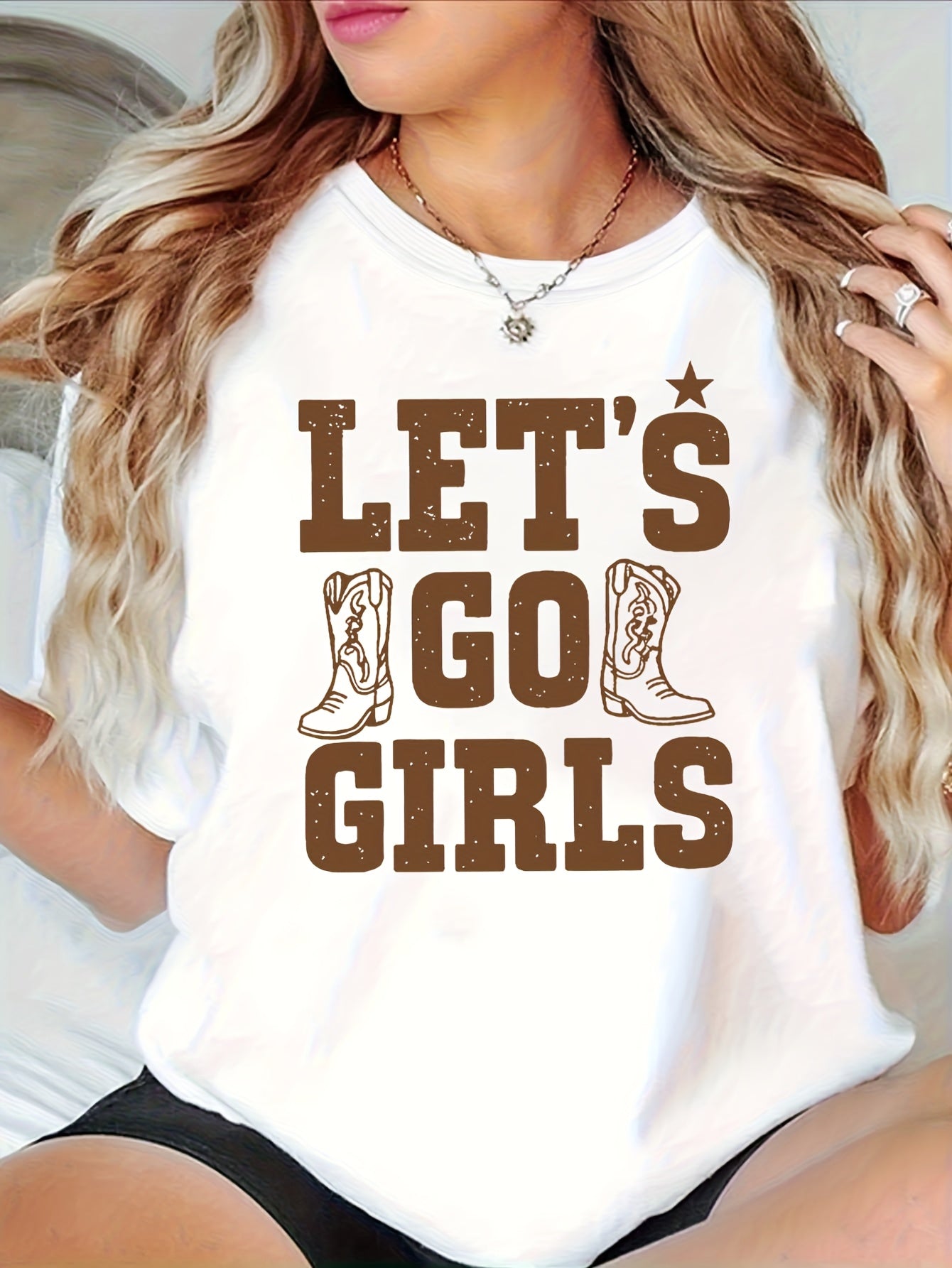 Women's Power Western Text T - Shirt, Women's Casual Crew - Neck, Sisters Gathering, Daily Expression Season
