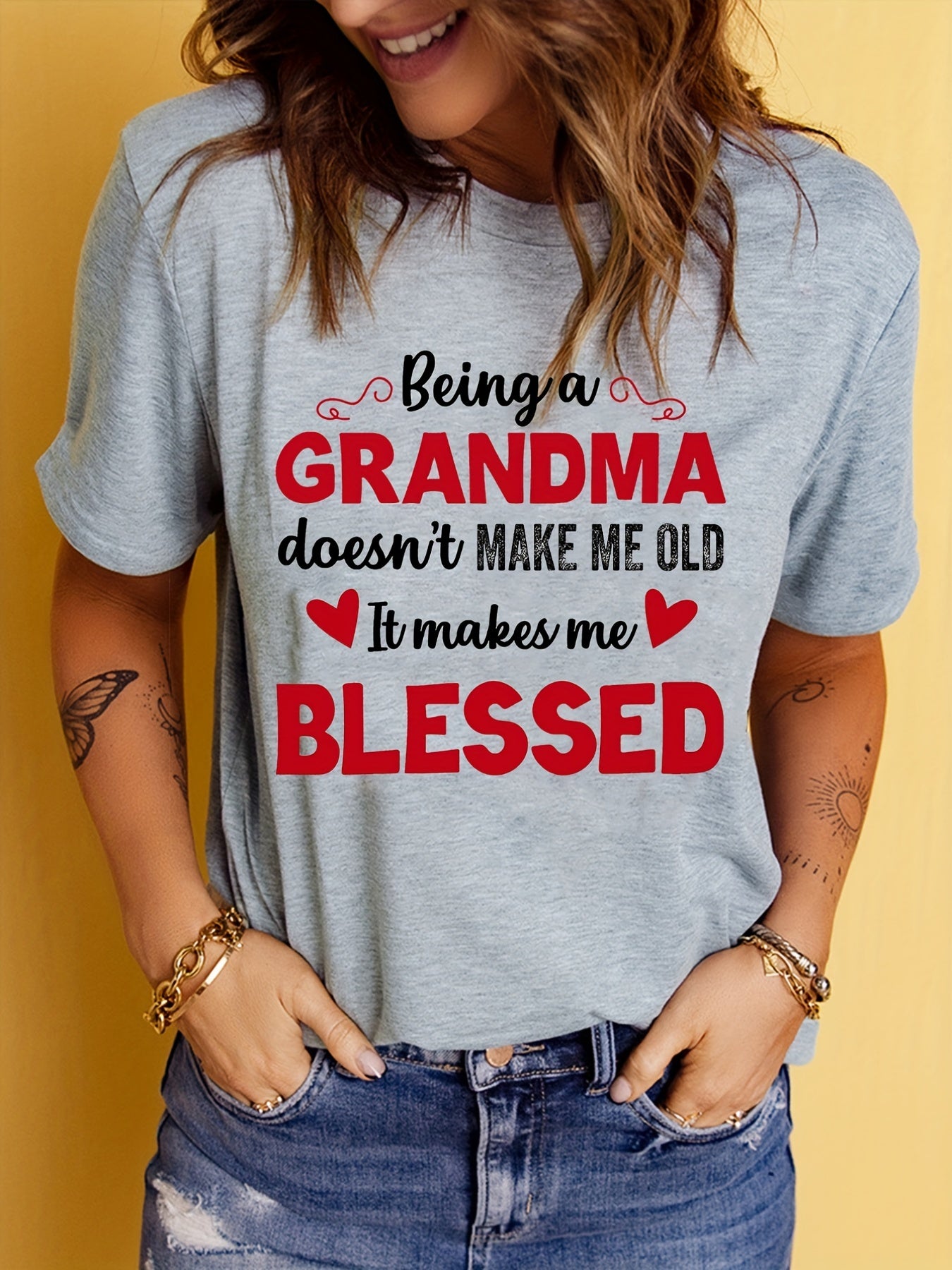 Blessed Grandma Print T-Shirt, Mother's Day Short Sleeve Crew Neck Casual Top For Spring & Summer, Women's Clothing
