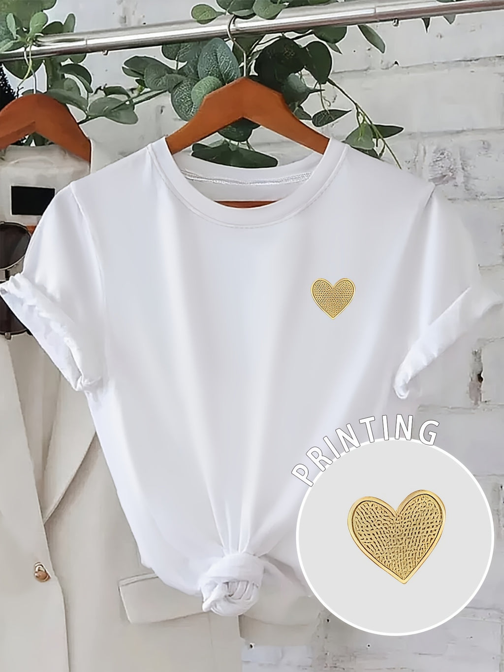 2025 New Yellow Heart Print Fashion Casual Loose Round Neck Short Sleeve T-Shirt, Summer/Spring Women's Loose Sexy Sweet Cute Vacation Top