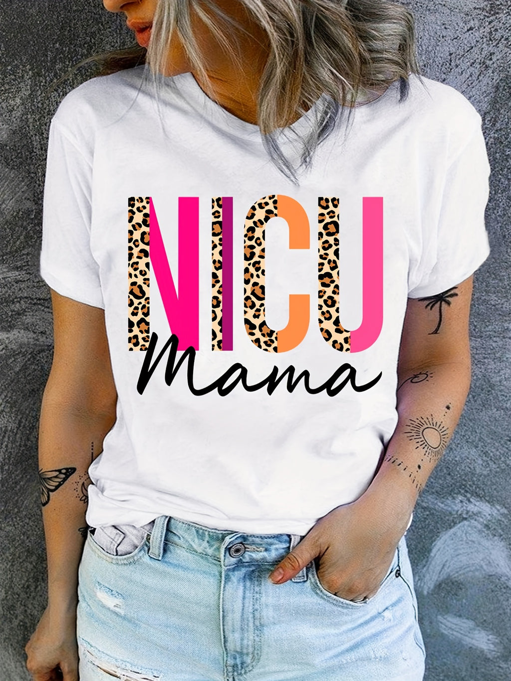 Blessed Grandma Print T-Shirt, Mother's Day Short Sleeve Crew Neck Casual Top For Spring & Summer, Women's Clothing
