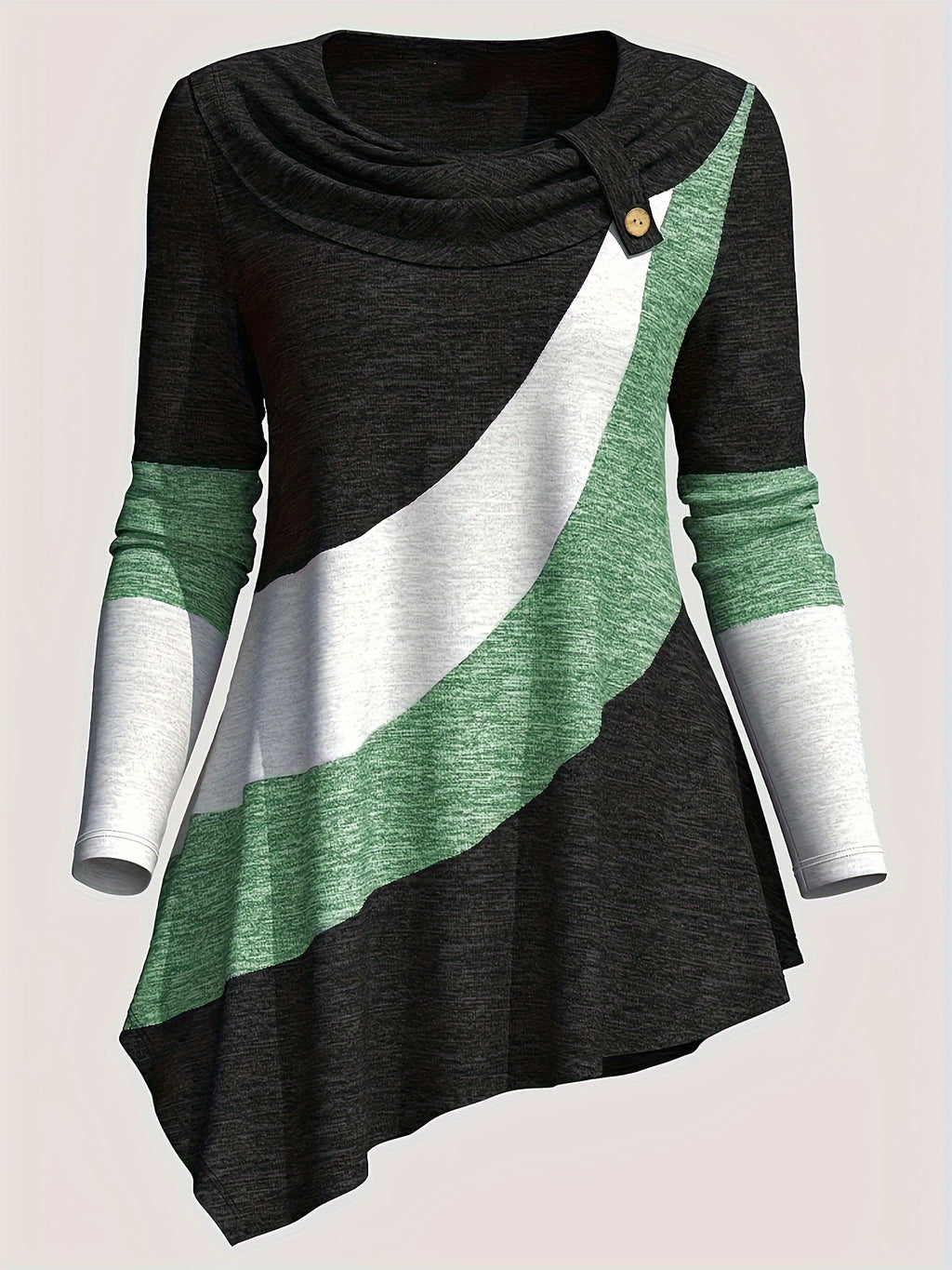 Women'S Long-Sleeve Top with a Collared Design, Featuring an Irregular Hem And Color Block Stitching