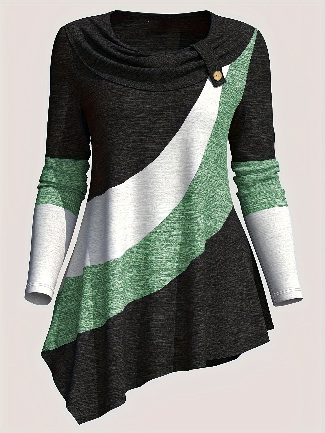 Women'S Long-Sleeve Top with a Collared Design, Featuring an Irregular Hem And Color Block Stitching