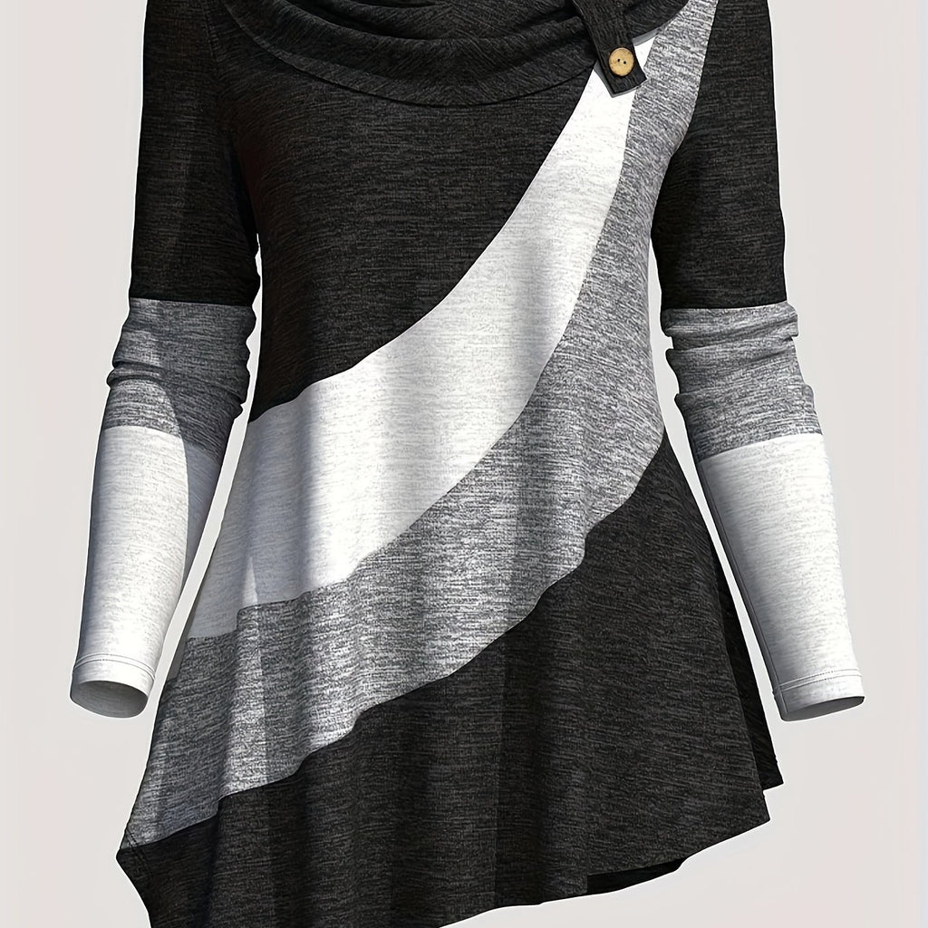 Women'S Long-Sleeve Top with a Collared Design, Featuring an Irregular Hem And Color Block Stitching