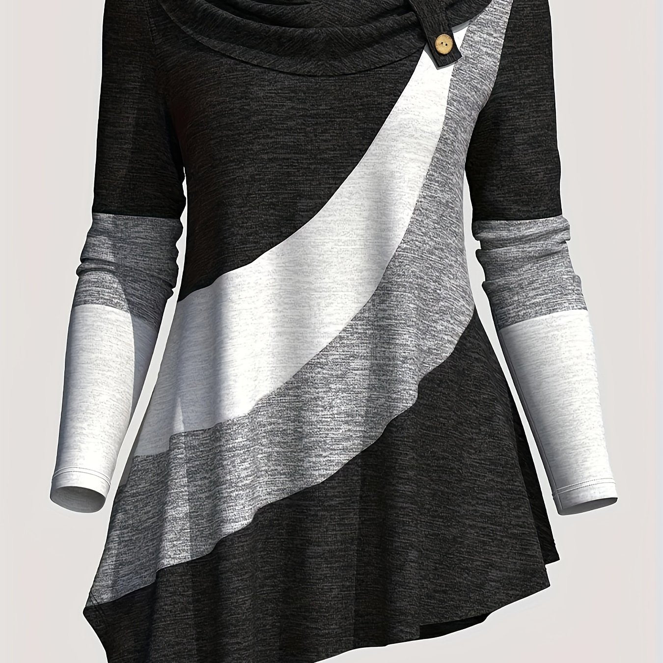Women'S Long-Sleeve Top with a Collared Design, Featuring an Irregular Hem And Color Block Stitching