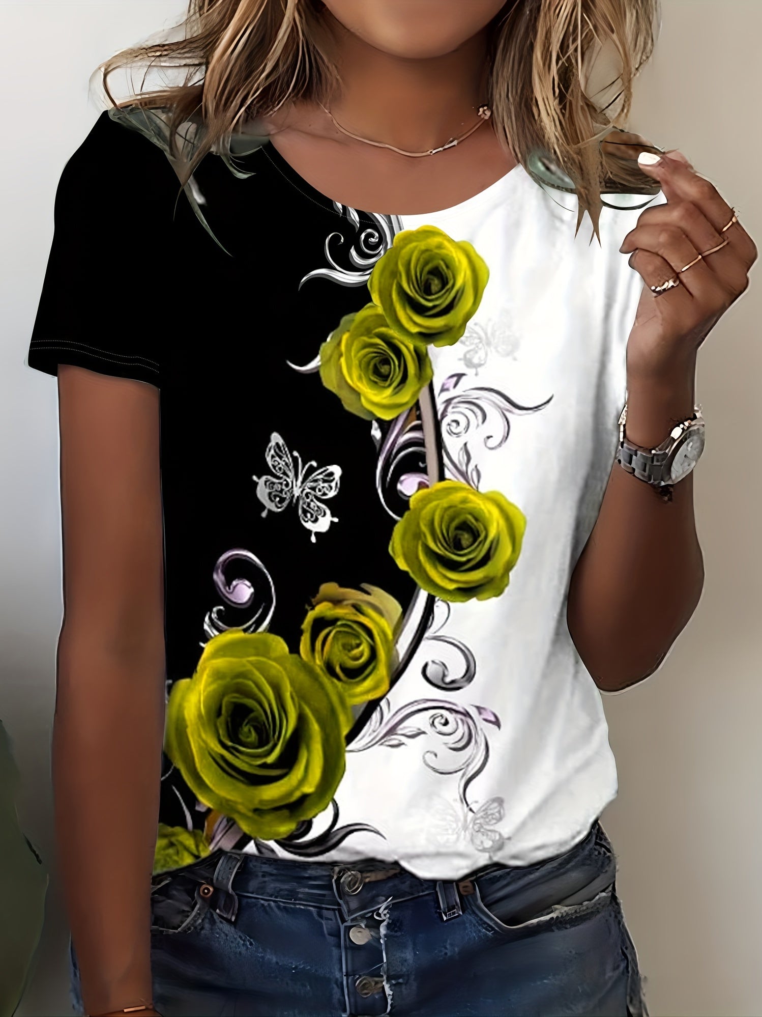 Rose Print Color Block T-shirt, Casual Crew Neck Short Sleeve T-shirt, Women's Clothing