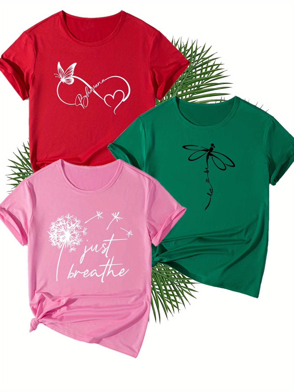 Creative Dragonfly&Butterfly&Dandelion Alphabetical Elements Printed T Shirt 3pcs Set, Summer and Spring Short Sleeve Round Neck Casual Tops Multi Sets for Women