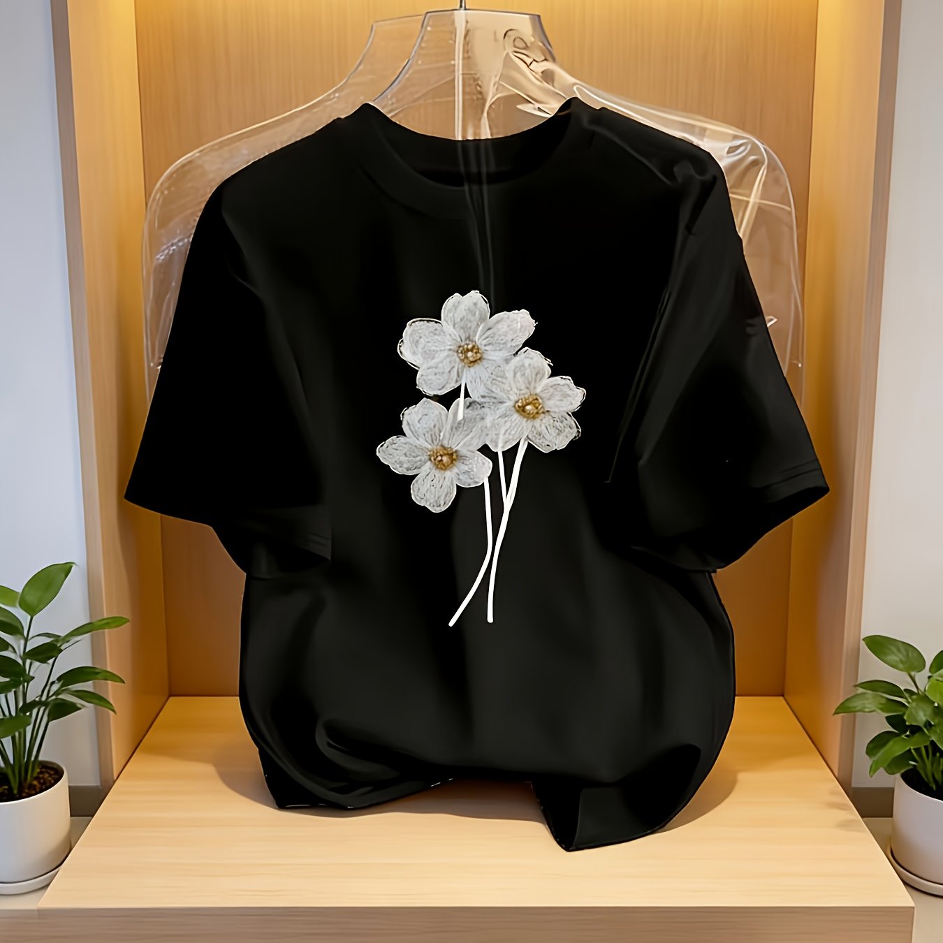 Women's Casual Printed Short-Sleeve T-Shirt - Black Print Design, Round Neck, Lightweight, Machine Washable, Spring/Summer Top, Elegant Women's Shirt