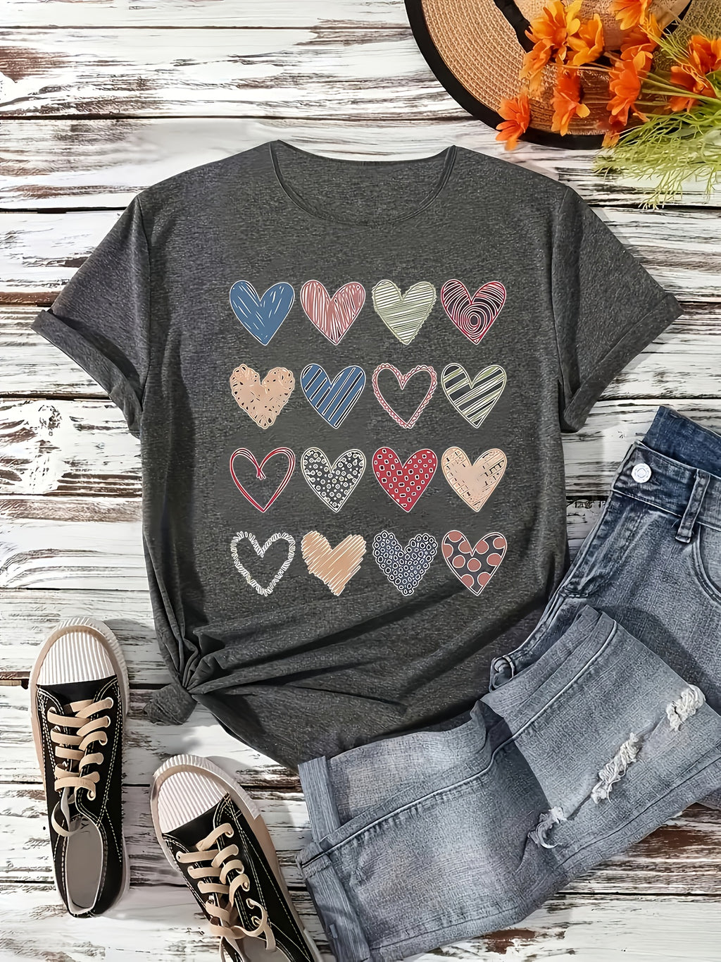 Fashionable Women'S Collection Valentine'S Day Creative Heart Pattern Printed Casual Round Neck Short Sleeve T-Shirt