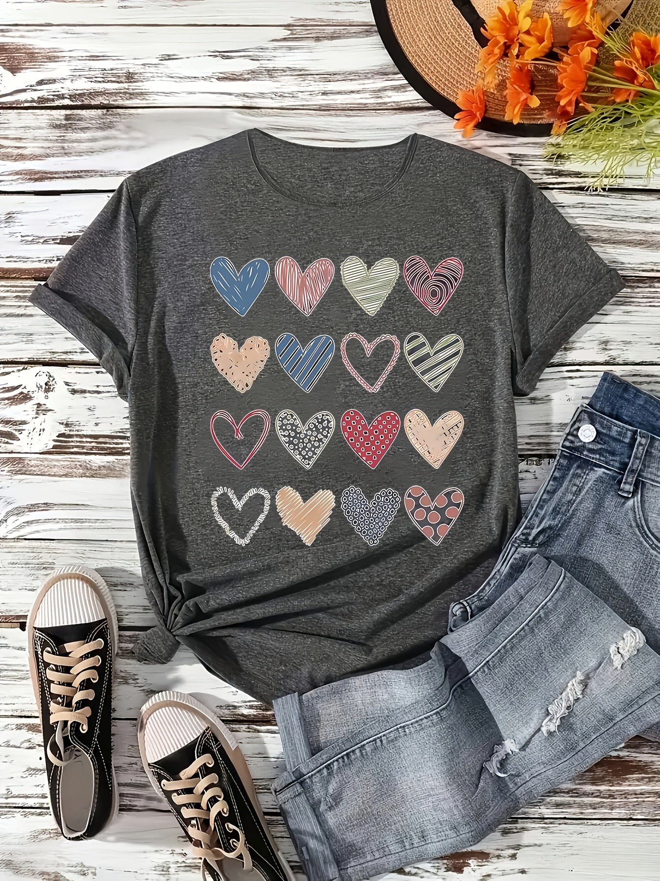 Fashionable Women'S Collection Valentine'S Day Creative Heart Pattern Printed Casual Round Neck Short Sleeve T-Shirt