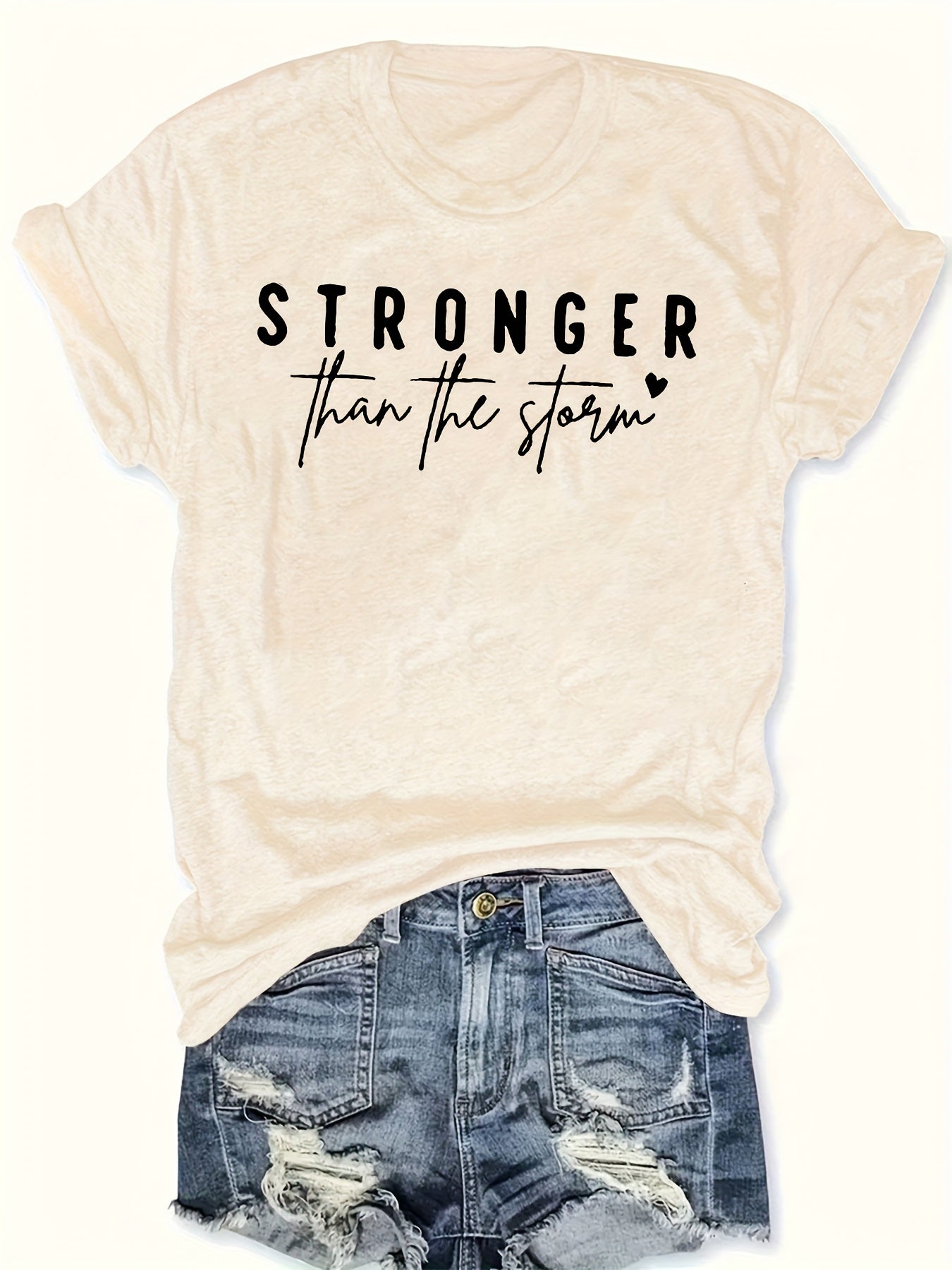 Women'S "Stronger Than the Storm" Graphic Tee - Pink Casual Short Sleeve T-Shirt with Heart Design, Summer 2025 Collection, Casual Attire|Playful Print|Short Sleeve Shirt