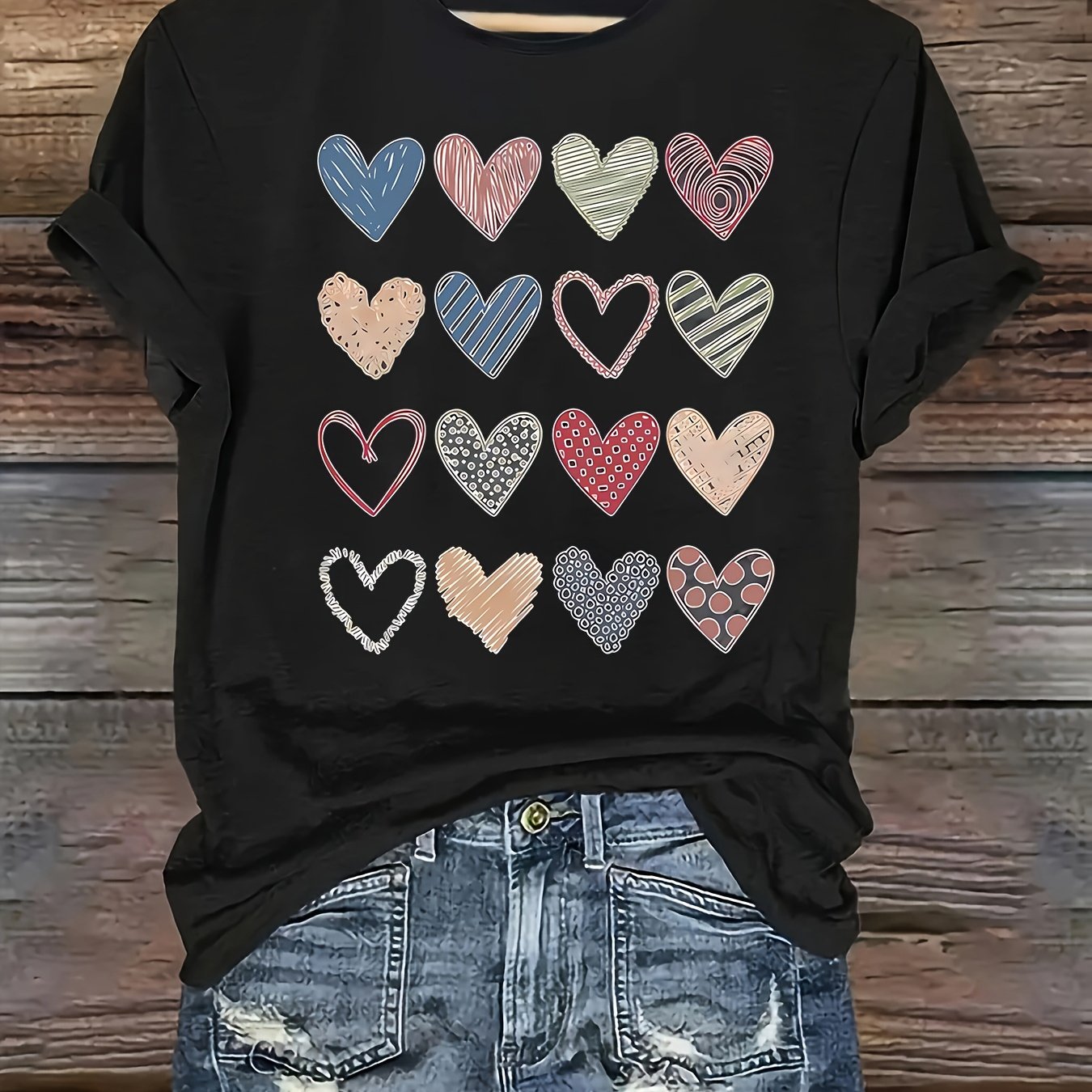 Fashionable Women'S Collection Valentine'S Day Creative Heart Pattern Printed Casual Round Neck Short Sleeve T-Shirt