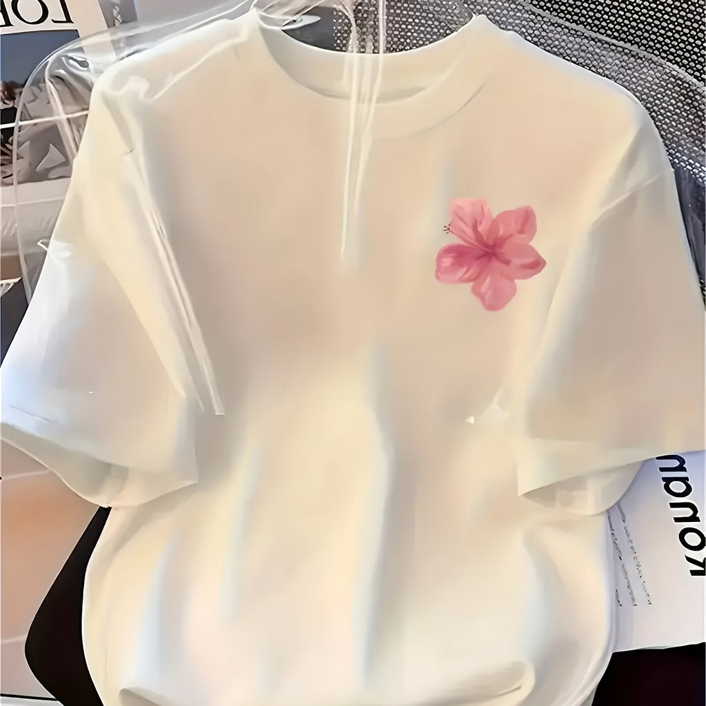 Women'S Stylish Short-Sleeve T-Shirt with a Floral Design on The Left Chest, Featuring a Round Neck, Suitable for Casual Wear in All Seasons