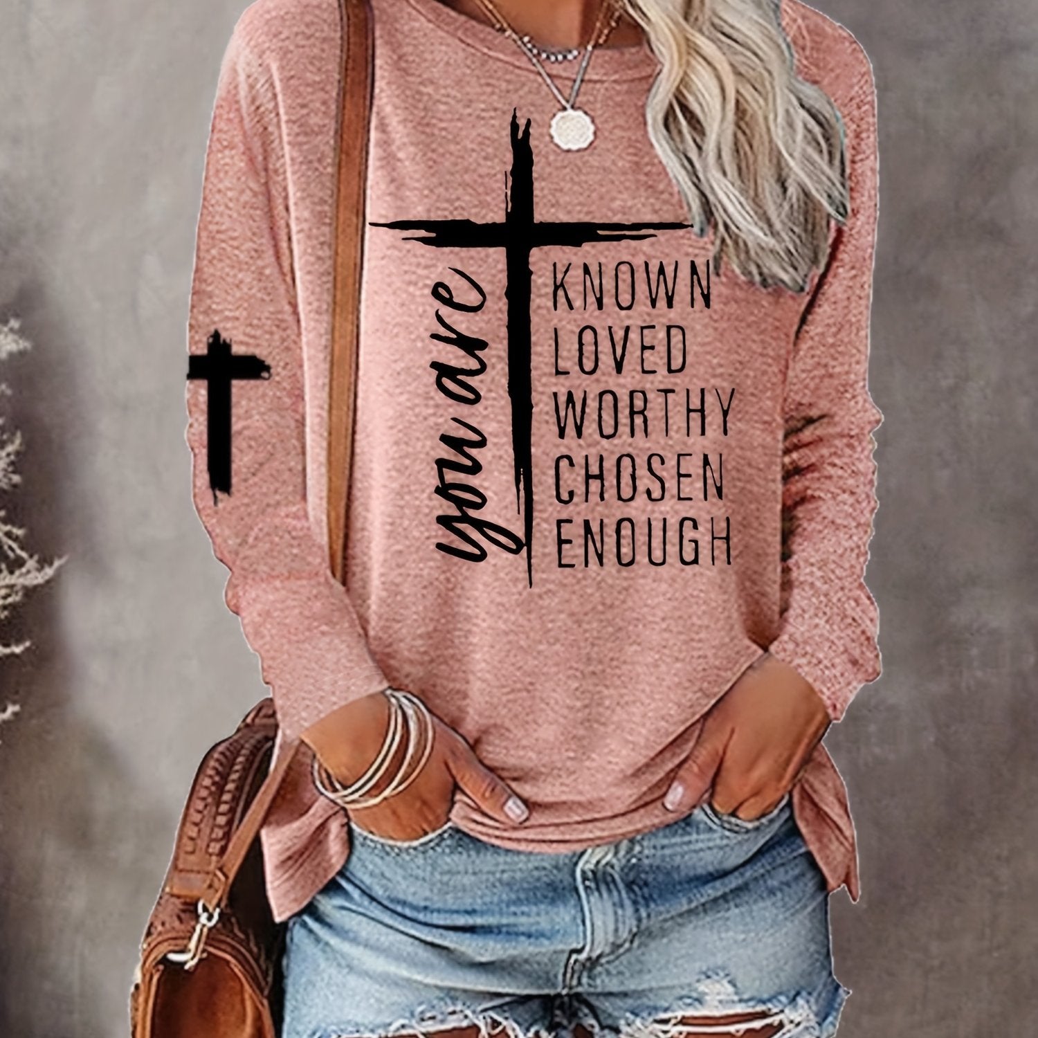 Women's Long Sleeve T-Shirt with Inspirational Lettering & Cross Design - Casual Round Neck Regular Fit All-Season Machine Washable Top, Ladies T Shirts, Casual Attire, Motivational Text Shirt, Soft Texture Apparel