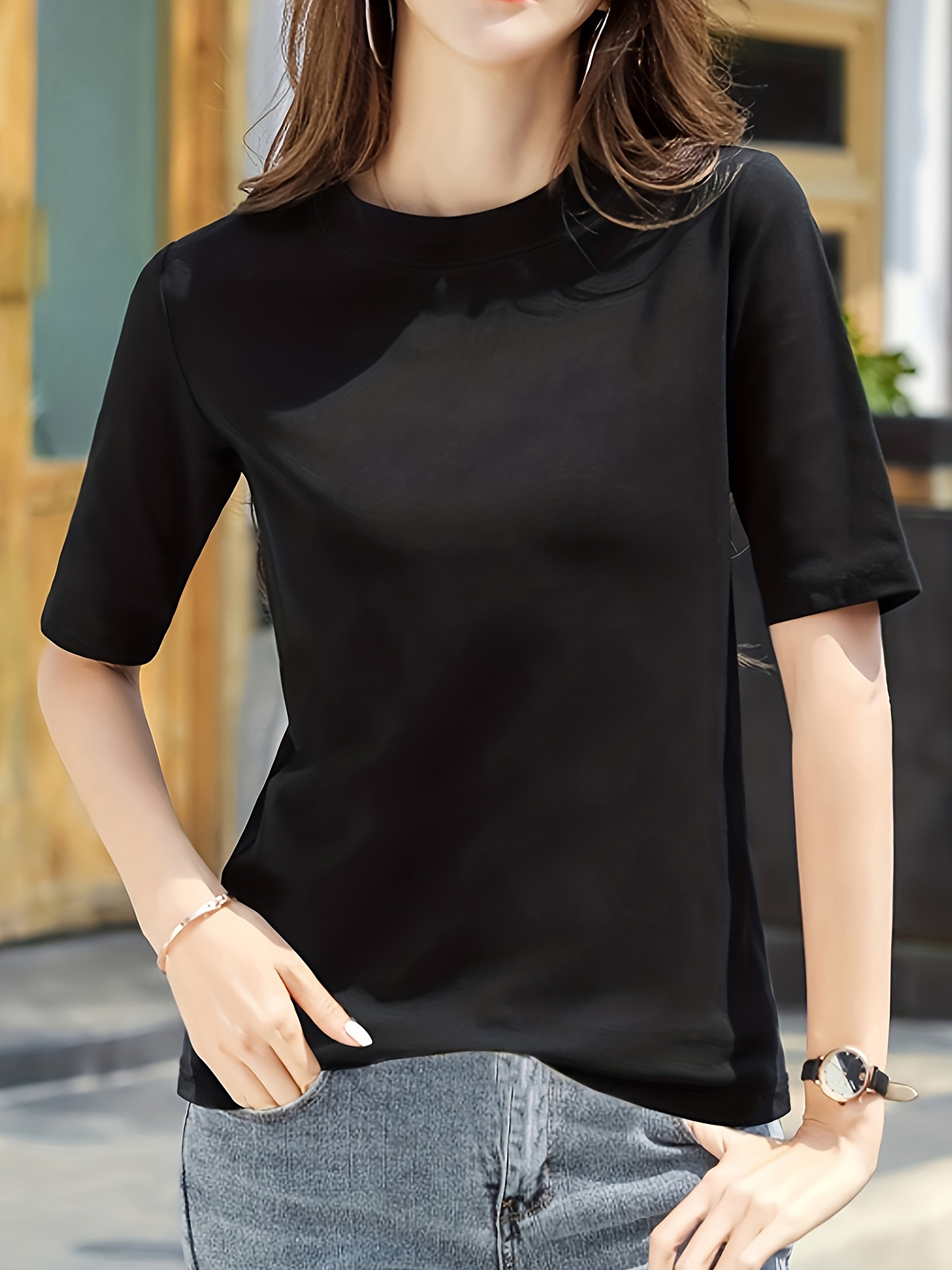 Women'S Elegant Solid Color T-Shirt - Soft Pink Crew Neck Short Sleeve Top, Perfect for Summer Fashion, Everyday Tshirt | Versatile Top | Comfortable Fit