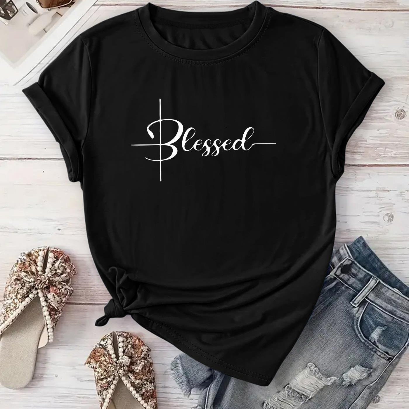 [New Recommendation] Creative Monogram Blessed Printed T-shirt, Women's Casual, Vacation, Short-sleeved Round Neck, Spring and Summer, Machine Washable, New Women's Clothing, Out of the Street Versatile, S