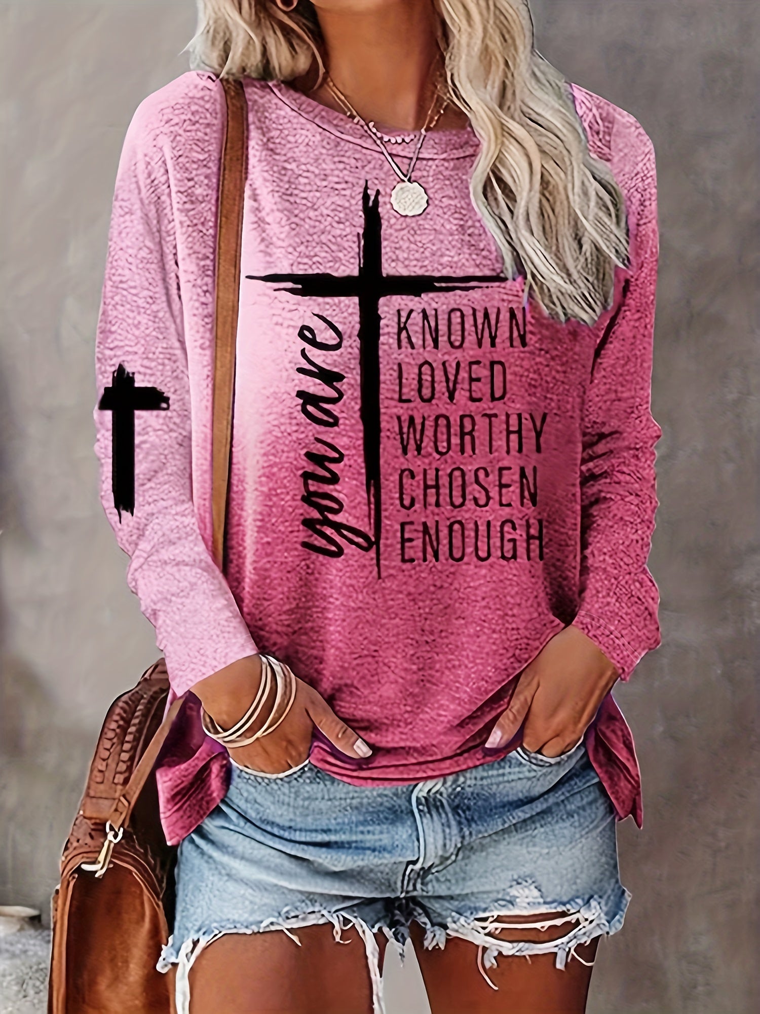 Women's Long Sleeve T-Shirt with Inspirational Lettering & Cross Design - Casual Round Neck Regular Fit All-Season Machine Washable Top, Ladies T Shirts, Casual Attire, Motivational Text Shirt, Soft Texture Apparel