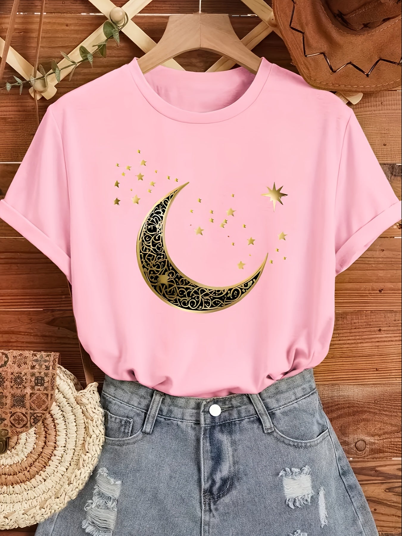 Moon Print Round Neck T-Shirt, Casual Short-Sleeve Top for Spring And Summer, Women'S Clothing