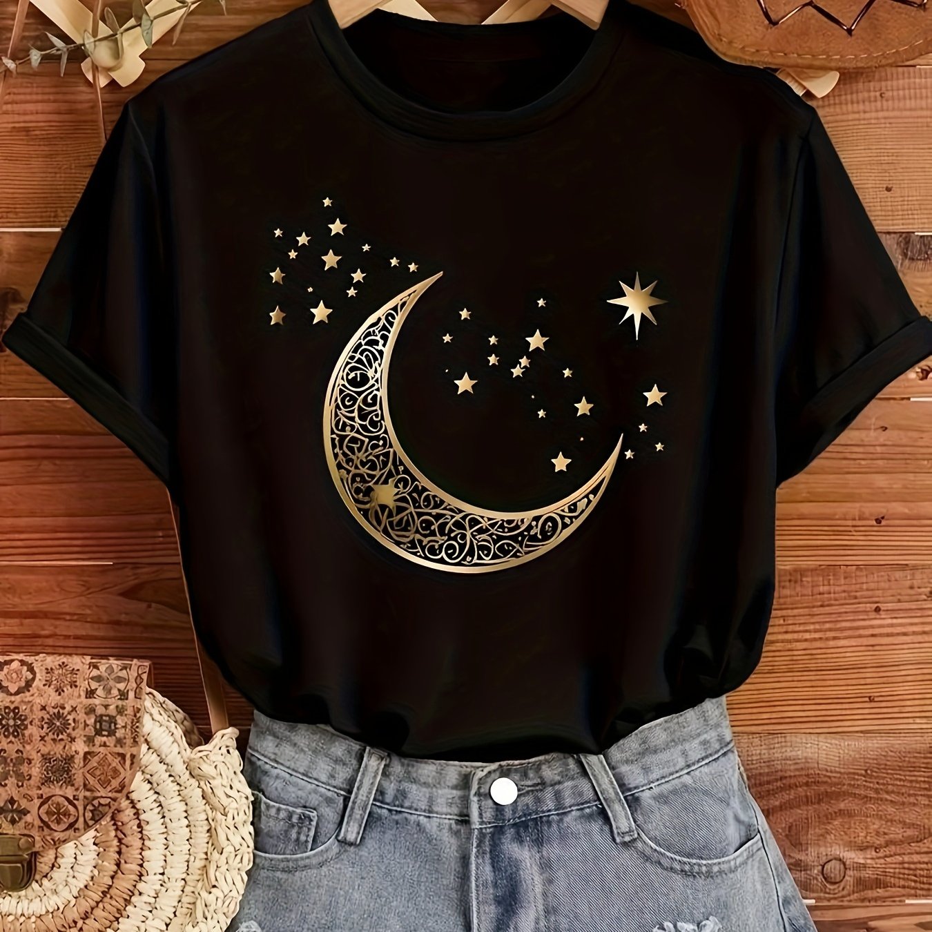Moon Print Round Neck T-Shirt, Casual Short-Sleeve Top for Spring And Summer, Women'S Clothing