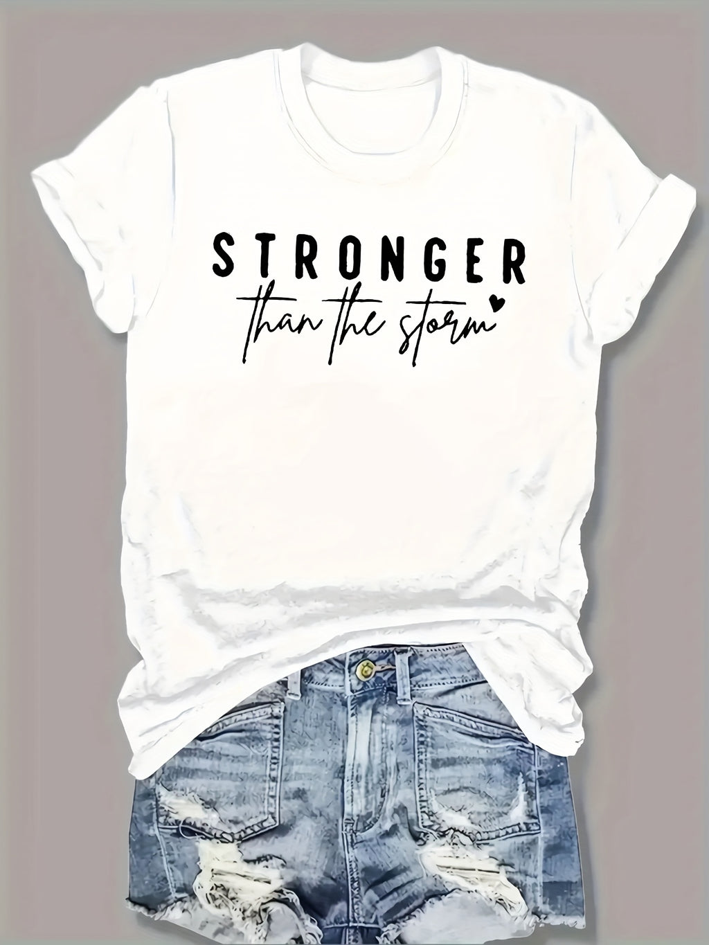 Women'S "Stronger Than the Storm" Graphic Tee - Pink Casual Short Sleeve T-Shirt with Heart Design, Summer 2025 Collection, Casual Attire|Playful Print|Short Sleeve Shirt