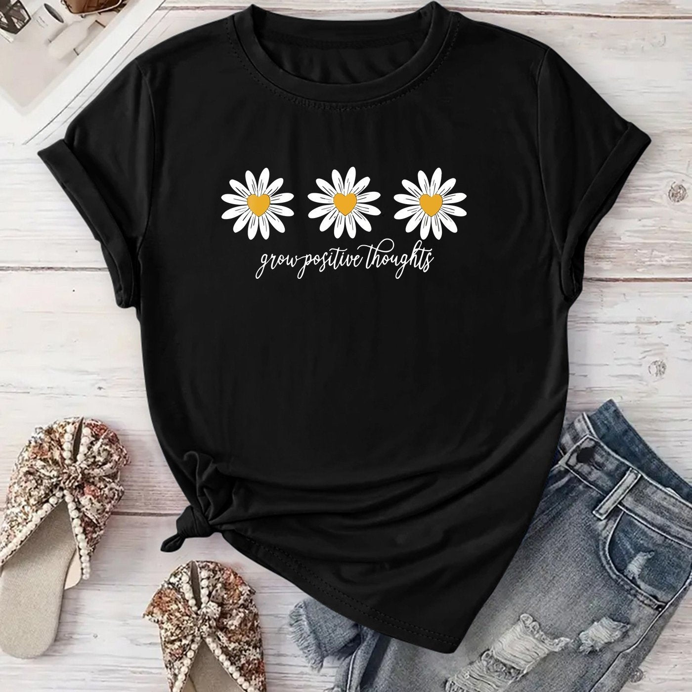 New Arrival: Floral Print T-Shirt for Women, Perfect for Casual Outings, Vacations, Short Sleeves, Round Neck, Suitable for Spring And Summer, Machine Washable, Versatile And Flattering for Streetwear And .