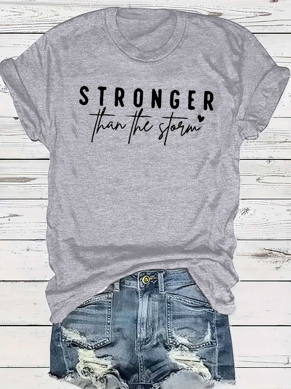 Women'S "Stronger Than the Storm" Graphic Tee - Pink Casual Short Sleeve T-Shirt with Heart Design, Summer 2025 Collection, Casual Attire|Playful Print|Short Sleeve Shirt