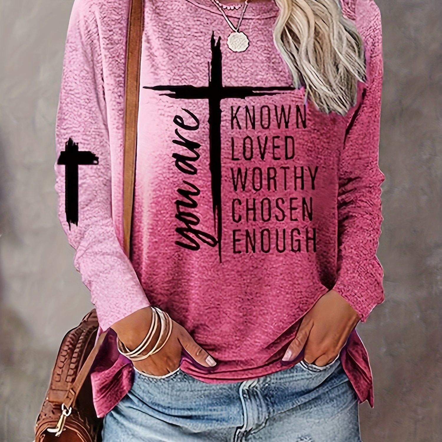 Women's Long Sleeve T-Shirt with Inspirational Lettering & Cross Design - Casual Round Neck Regular Fit All-Season Machine Washable Top, Ladies T Shirts, Casual Attire, Motivational Text Shirt, Soft Texture Apparel