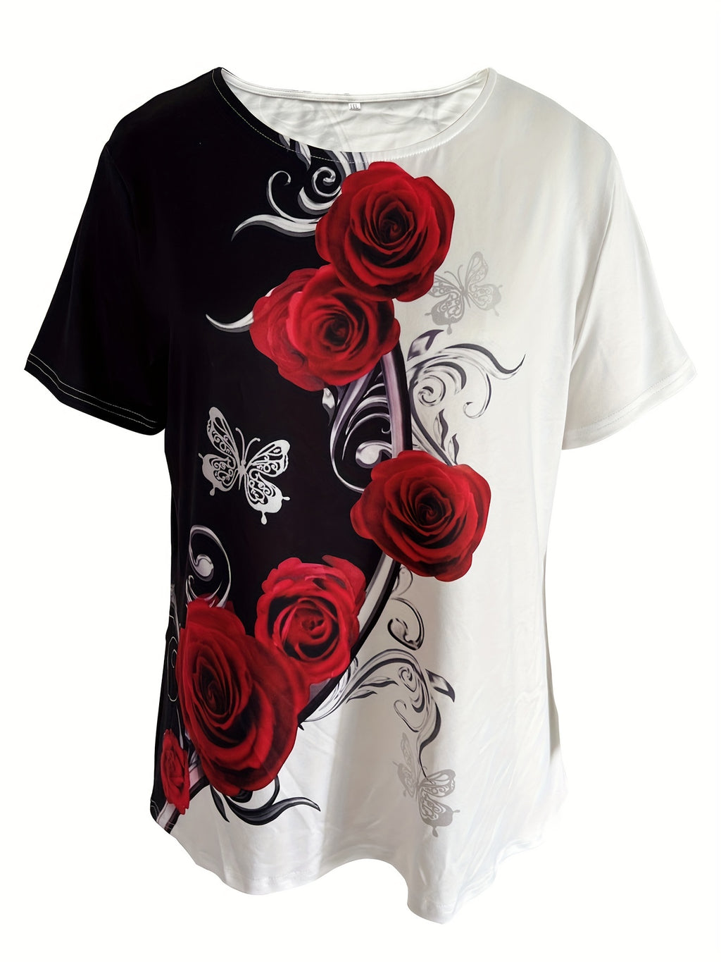 Rose Print Color Block T-shirt, Casual Crew Neck Short Sleeve T-shirt, Women's Clothing