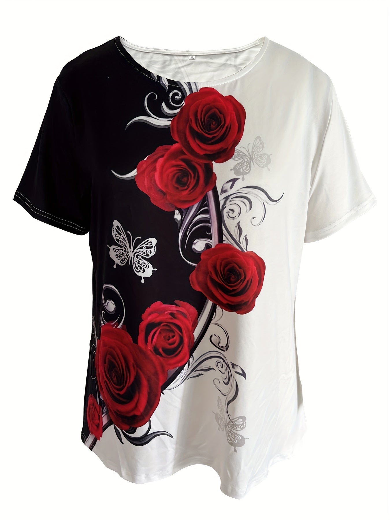 Rose Print Color Block T-shirt, Casual Crew Neck Short Sleeve T-shirt, Women's Clothing