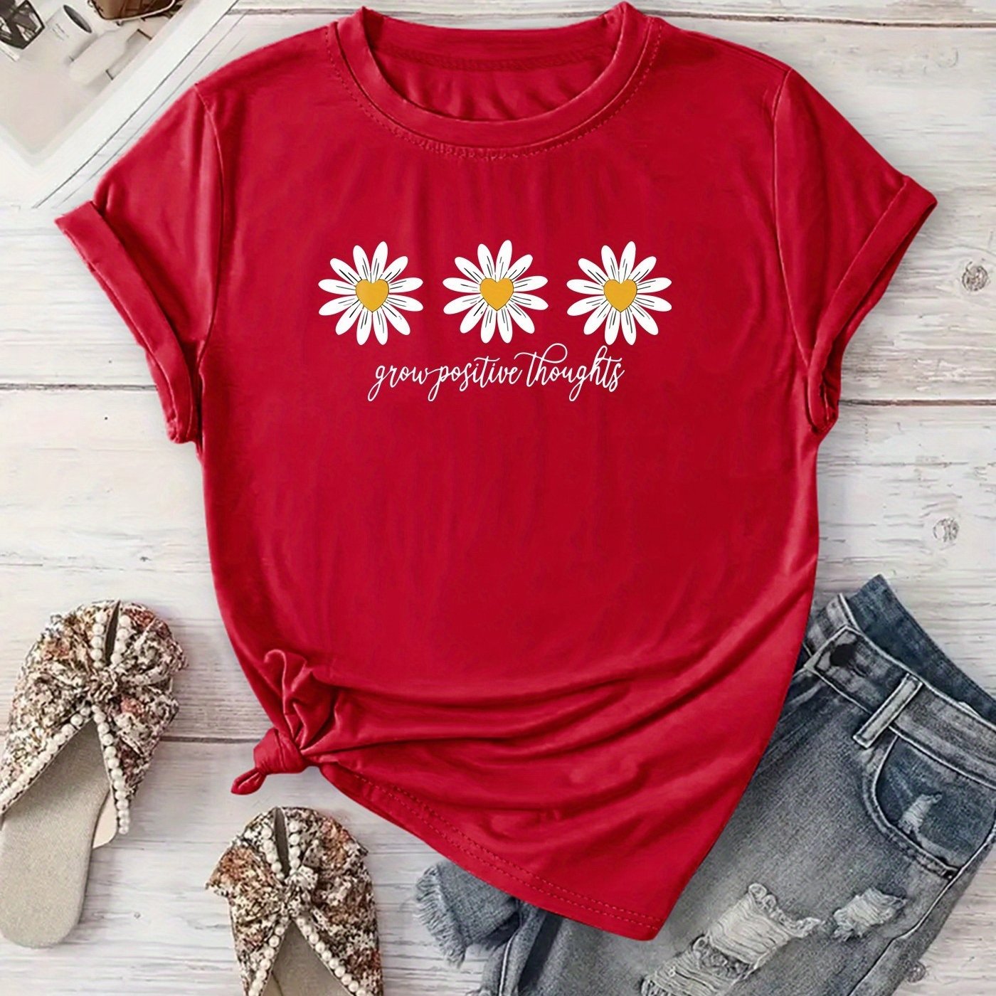 New Arrival: Floral Print T-Shirt for Women, Perfect for Casual Outings, Vacations, Short Sleeves, Round Neck, Suitable for Spring And Summer, Machine Washable, Versatile And Flattering for Streetwear And .