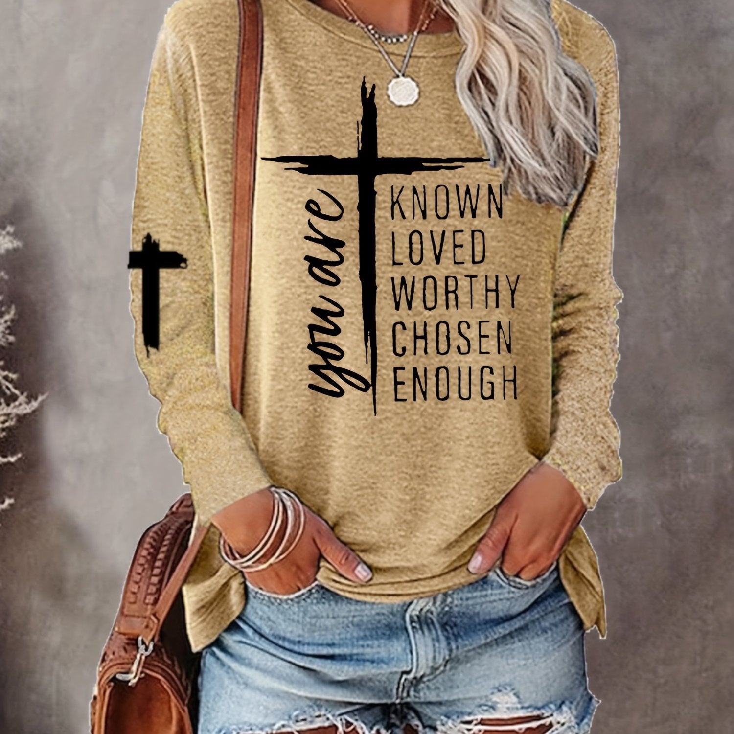 Women's Long Sleeve T-Shirt with Inspirational Lettering & Cross Design - Casual Round Neck Regular Fit All-Season Machine Washable Top, Ladies T Shirts, Casual Attire, Motivational Text Shirt, Soft Texture Apparel