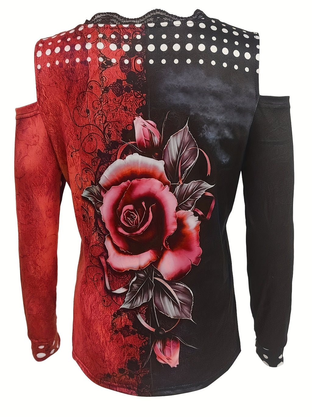 Lace Trim V-Neck Printed Off-Shoulder Long Sleeve