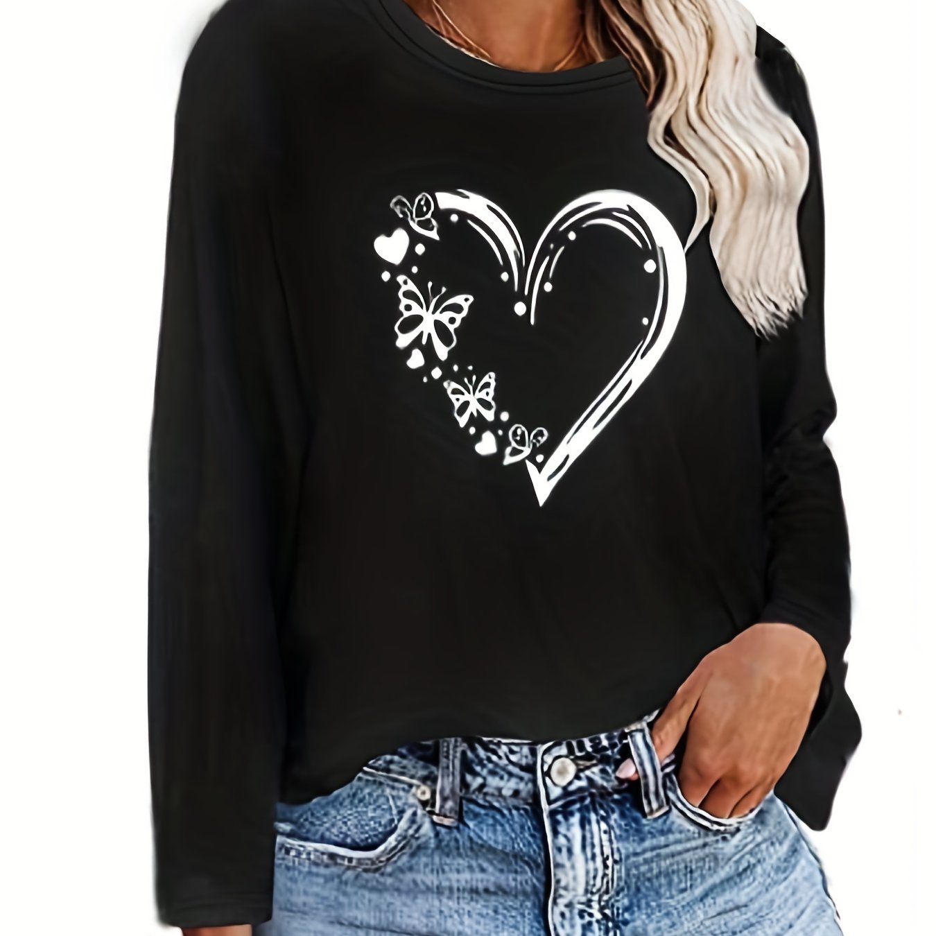 Heart & Butterfly Print Crew Neck T-Shirt, Casual Long Sleeve T-Shirt For Spring & Fall, Women's Clothing