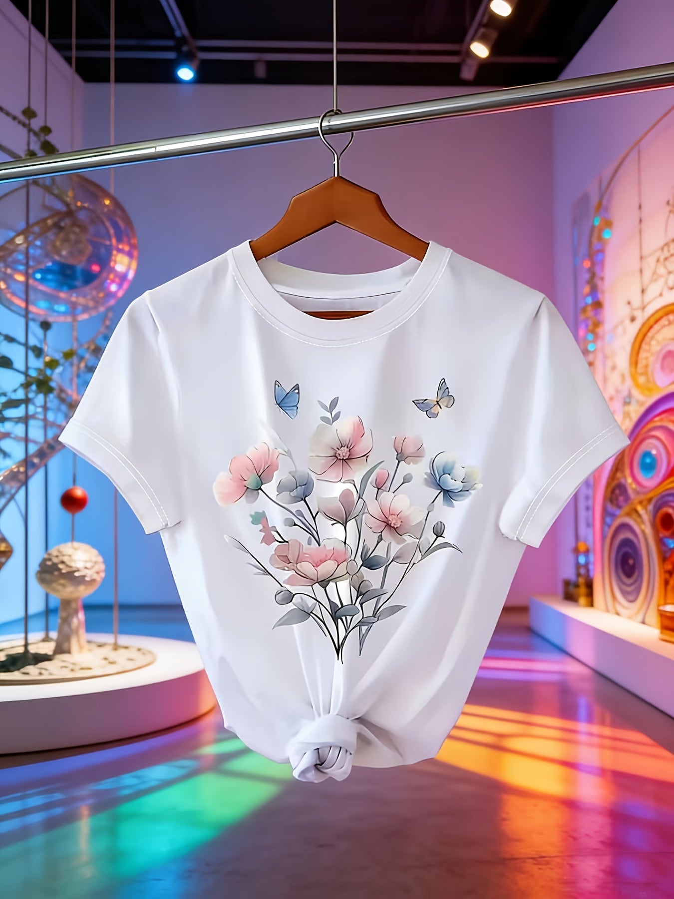 Women's Casual Printed Short-Sleeve T-Shirt - Black Print Design, Round Neck, Lightweight, Machine Washable, Spring/Summer Top, Elegant Women's Shirt