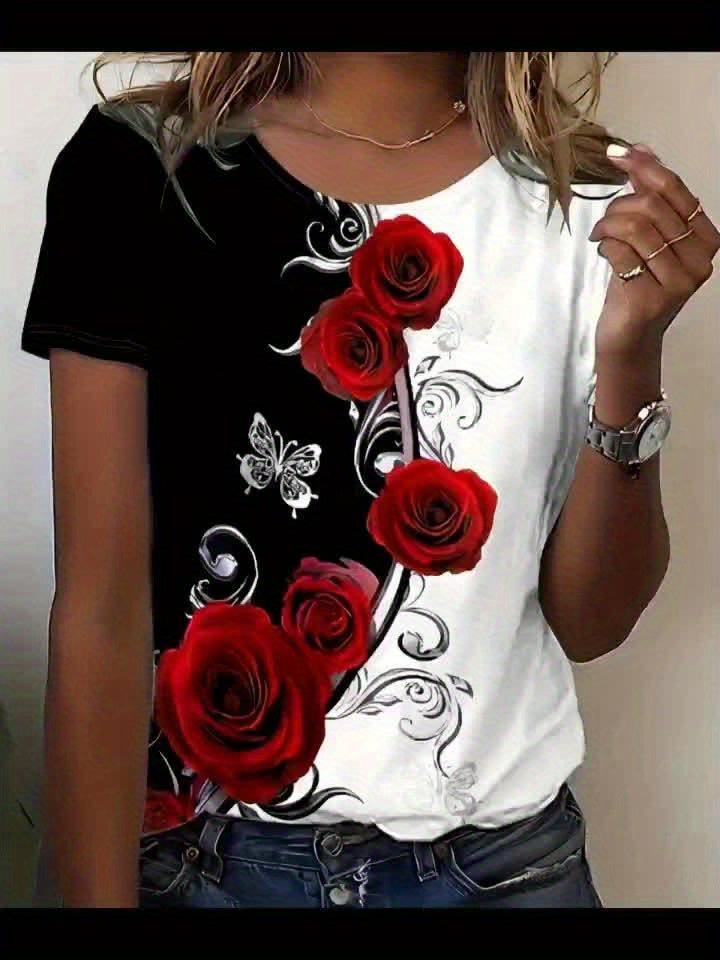 Rose Print Color Block T-shirt, Casual Crew Neck Short Sleeve T-shirt, Women's Clothing