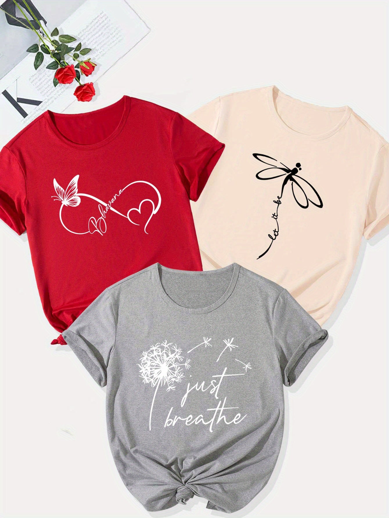 Creative Dragonfly&Butterfly&Dandelion Alphabetical Elements Printed T Shirt 3pcs Set, Summer and Spring Short Sleeve Round Neck Casual Tops Multi Sets for Women