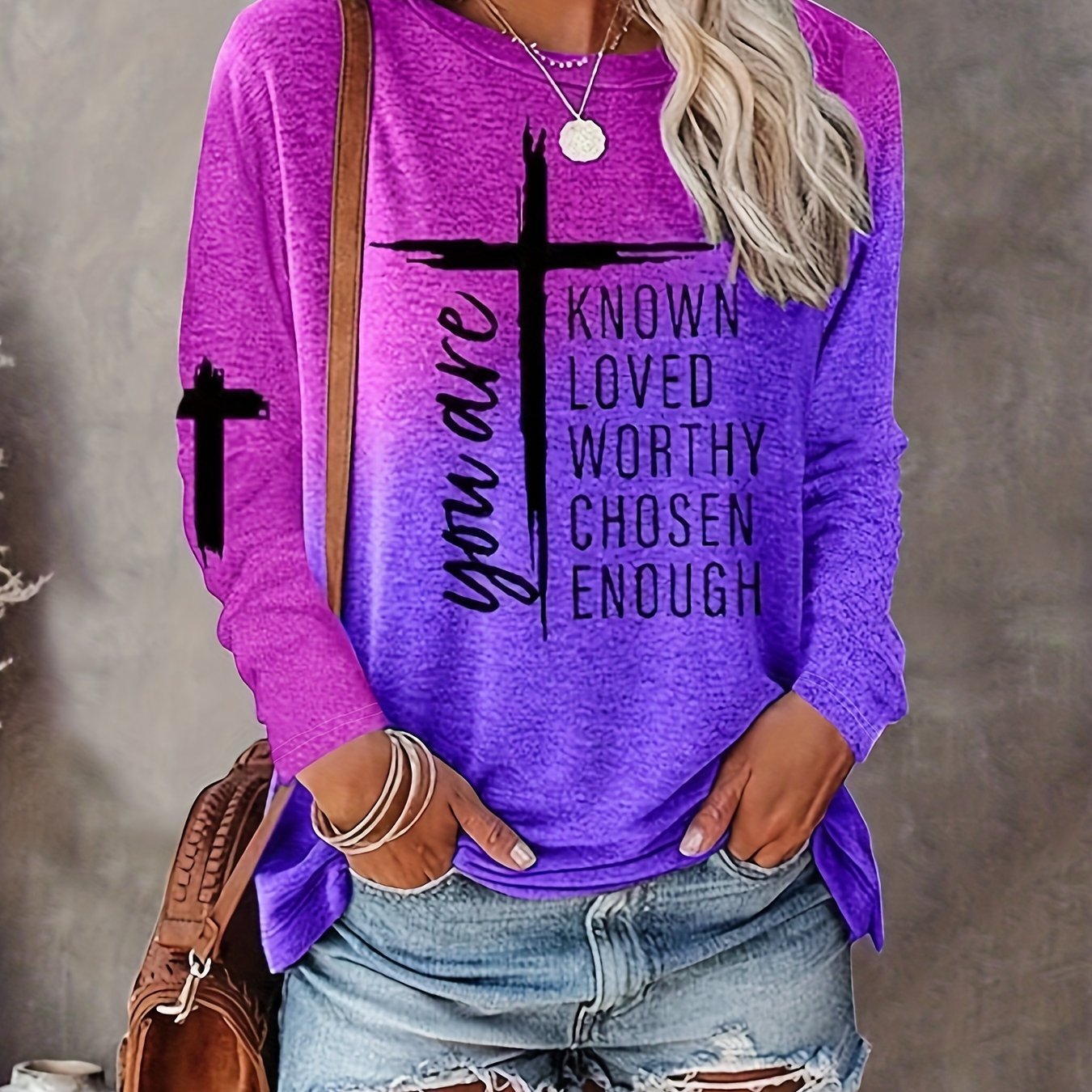 Women's Long Sleeve T-Shirt with Inspirational Lettering & Cross Design - Casual Round Neck Regular Fit All-Season Machine Washable Top, Ladies T Shirts, Casual Attire, Motivational Text Shirt, Soft Texture Apparel