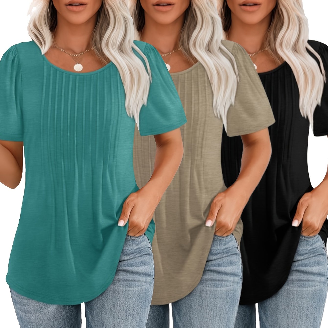A Three-Piece Set of Women'S Elegant And Stylish Round-Neck Pleated Tops, Perfect for Casual Spring And Summer Wear, Featuring Comfortable And Breathable Short-Sleeve T-Shirts