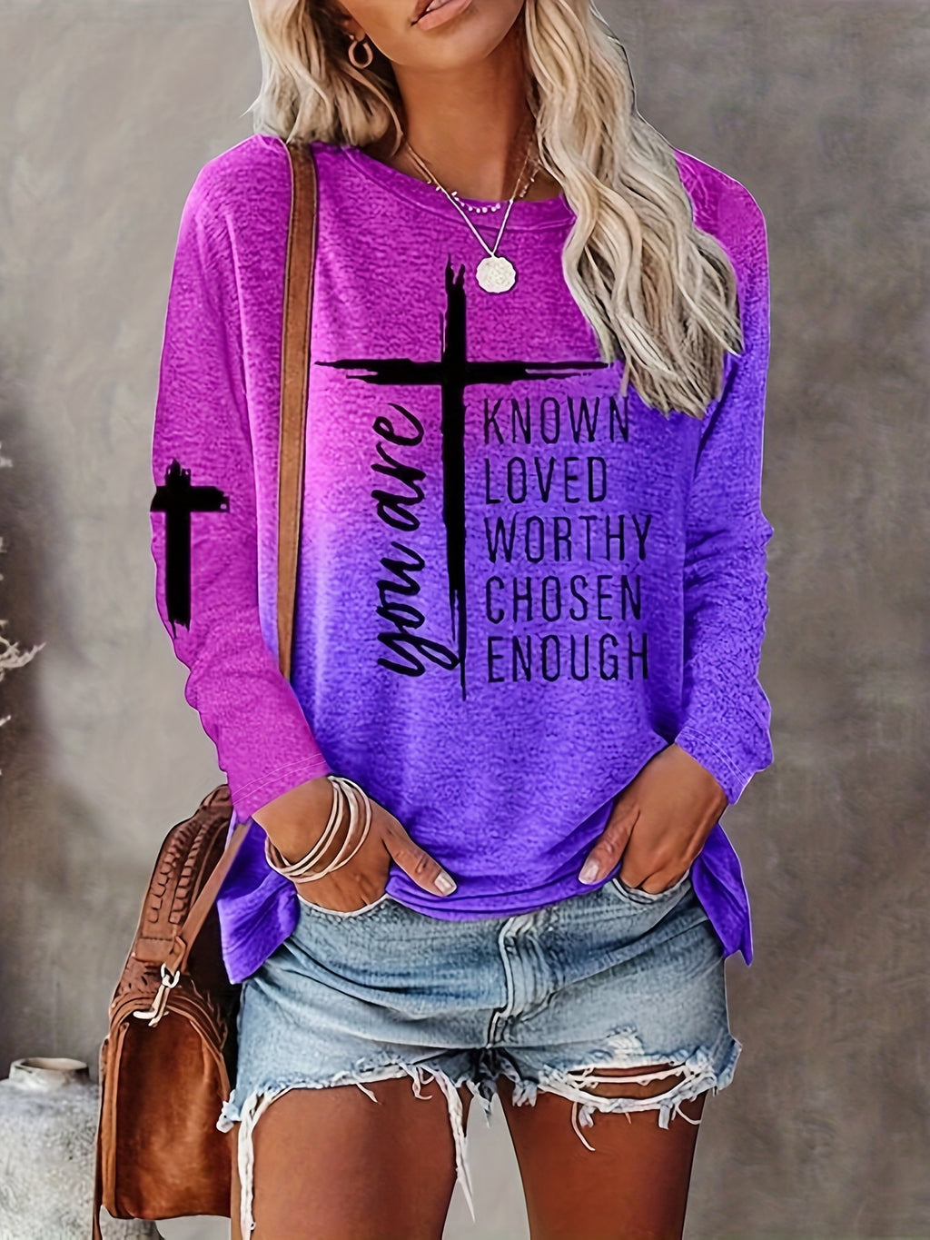 Women's Long Sleeve T-Shirt with Inspirational Lettering & Cross Design - Casual Round Neck Regular Fit All-Season Machine Washable Top, Ladies T Shirts, Casual Attire, Motivational Text Shirt, Soft Texture Apparel