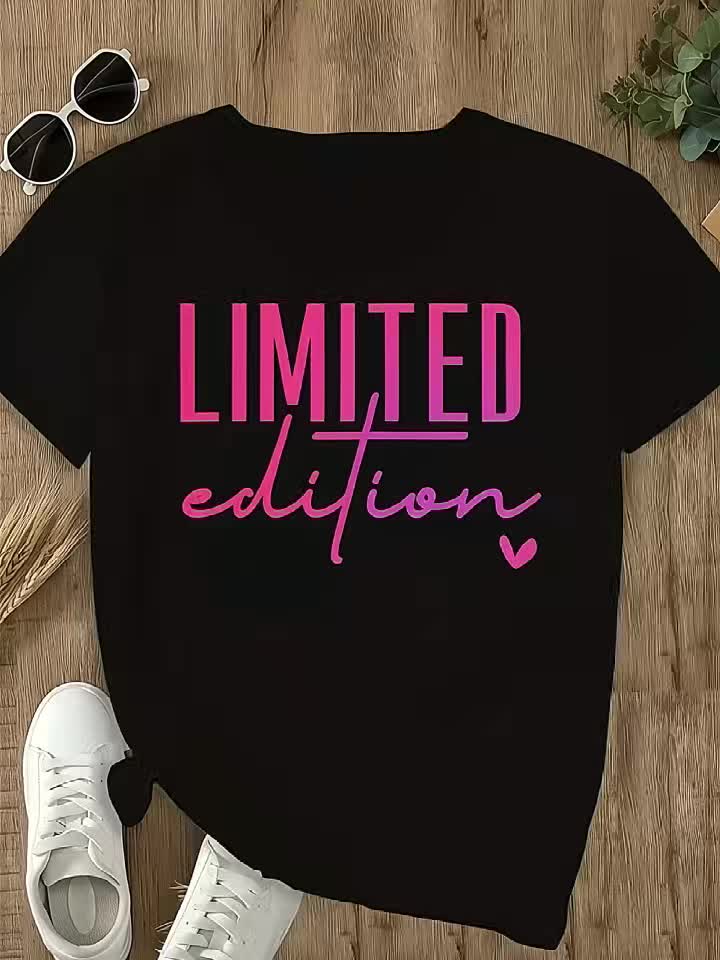 LIMITED EDITION Letter Slogan Graphic T-Shirt - Casual Round Neck Short Sleeve, Machine Washable
