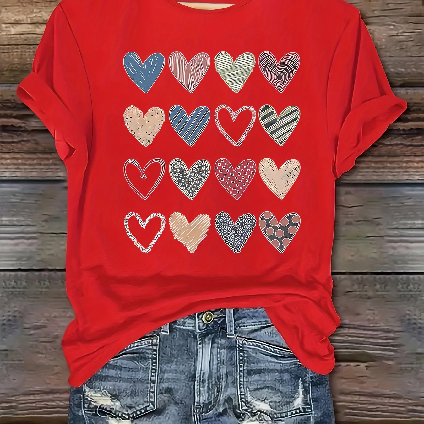 Fashionable Women'S Collection Valentine'S Day Creative Heart Pattern Printed Casual Round Neck Short Sleeve T-Shirt