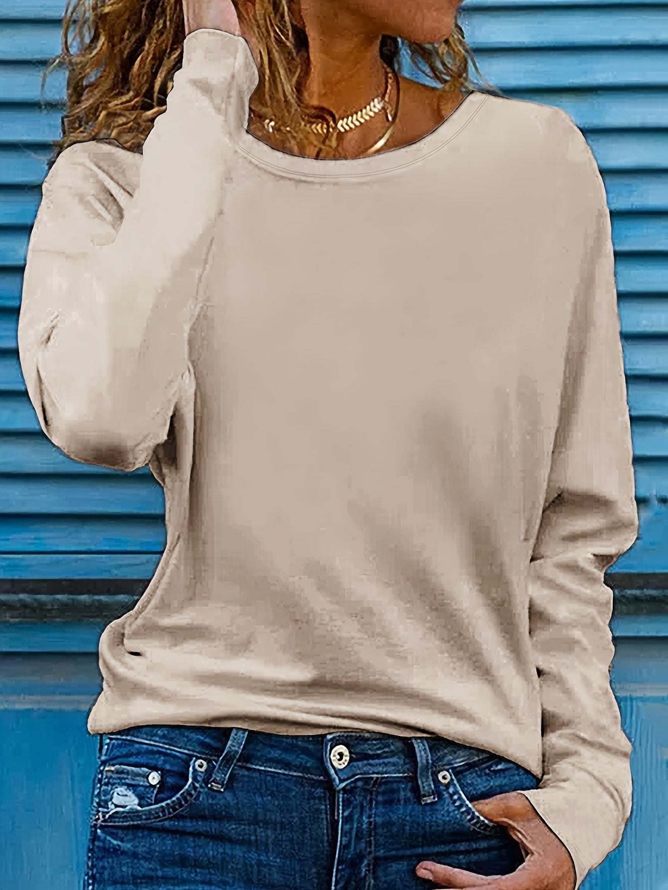 Solid Color T-shirt, Long Sleeve Crew Neck Casual Top for Spring & Fall, Women's Clothing