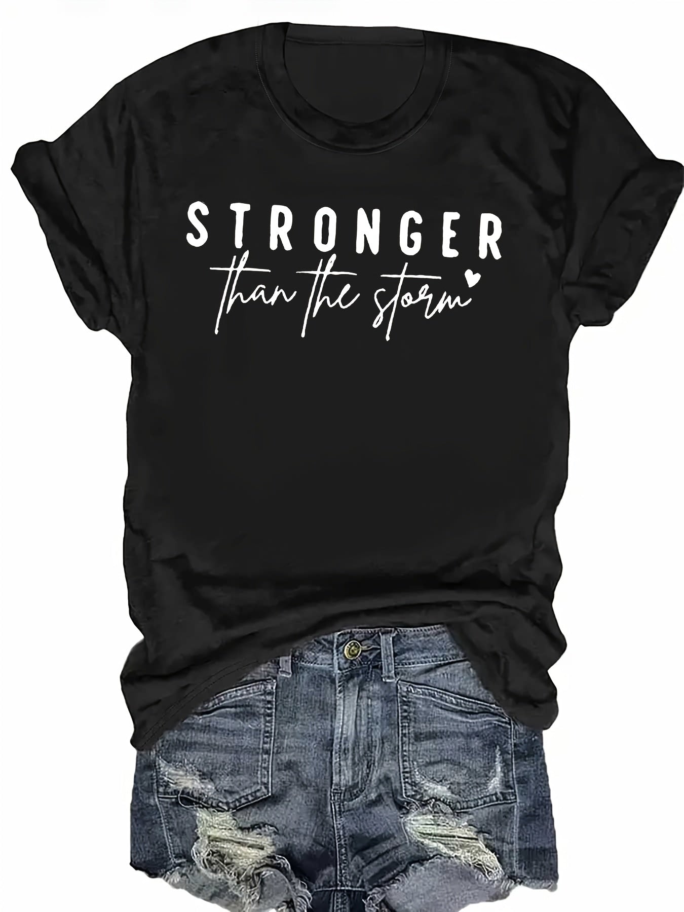 Women'S "Stronger Than the Storm" Graphic Tee - Pink Casual Short Sleeve T-Shirt with Heart Design, Summer 2025 Collection, Casual Attire|Playful Print|Short Sleeve Shirt