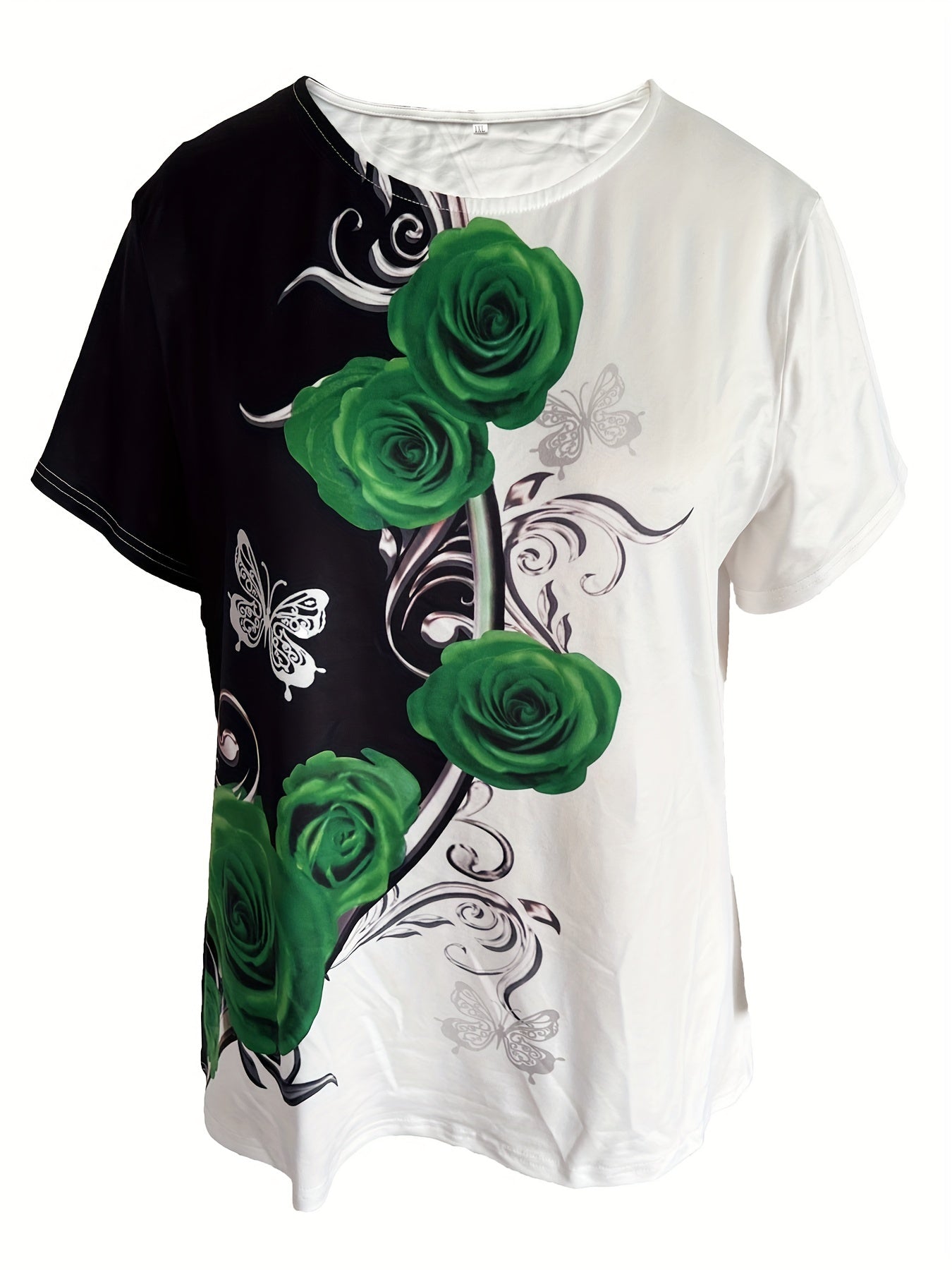 Rose Print Color Block T-shirt, Casual Crew Neck Short Sleeve T-shirt, Women's Clothing