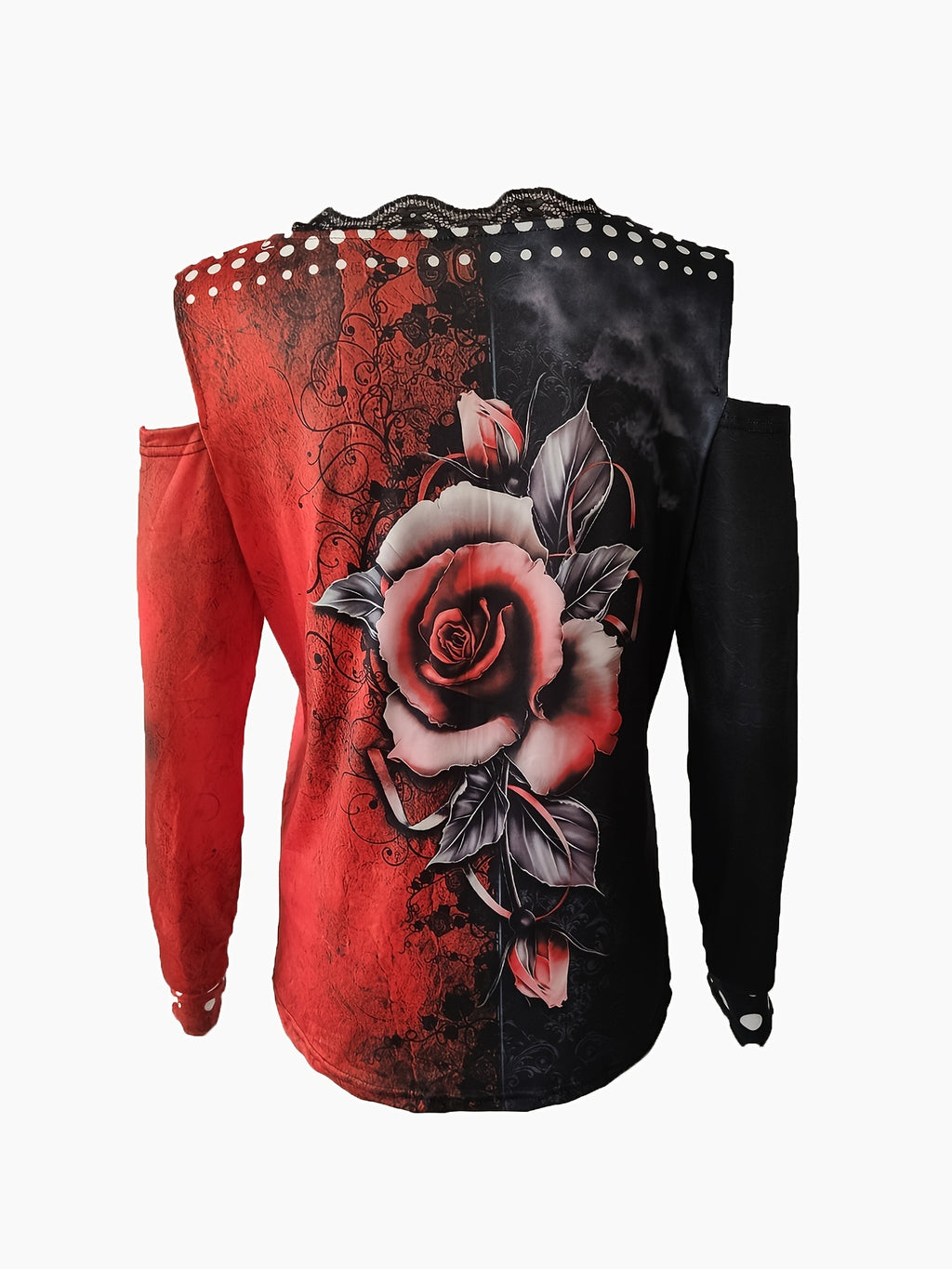 Lace Trim V-Neck Printed Off-Shoulder Long Sleeve