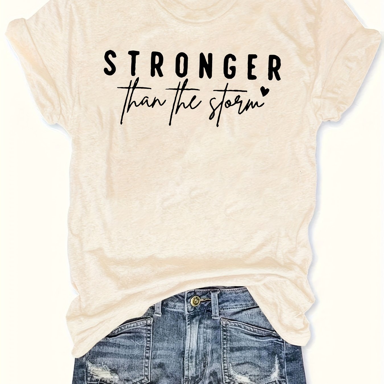 Women'S "Stronger Than the Storm" Graphic Tee - Pink Casual Short Sleeve T-Shirt with Heart Design, Summer 2025 Collection, Casual Attire|Playful Print|Short Sleeve Shirt
