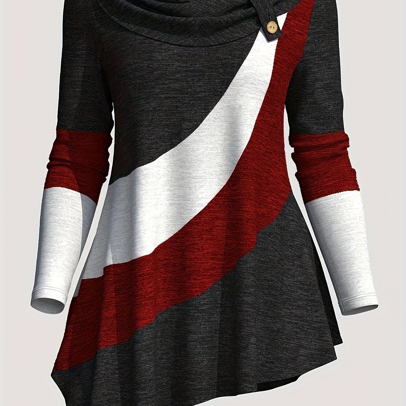 Women'S Long-Sleeve Top with a Collared Design, Featuring an Irregular Hem And Color Block Stitching