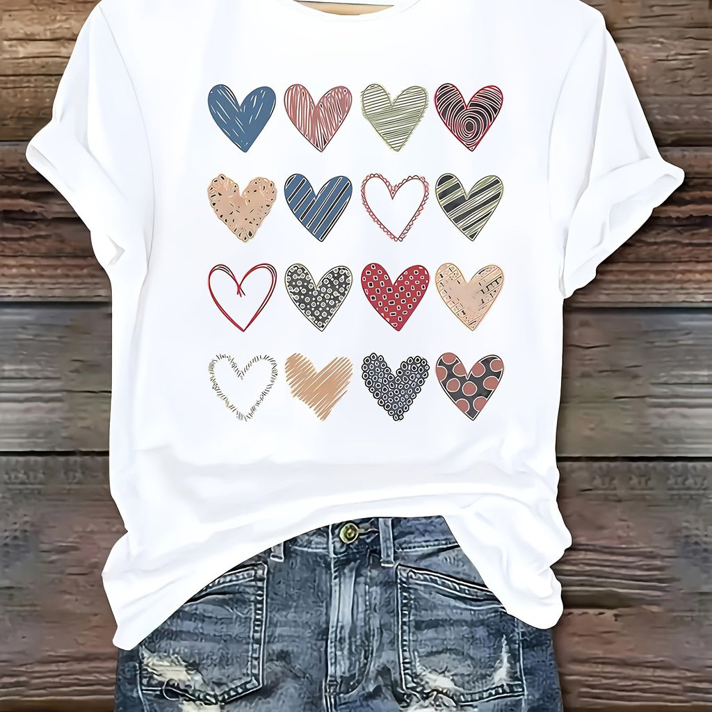 Fashionable Women'S Collection Valentine'S Day Creative Heart Pattern Printed Casual Round Neck Short Sleeve T-Shirt