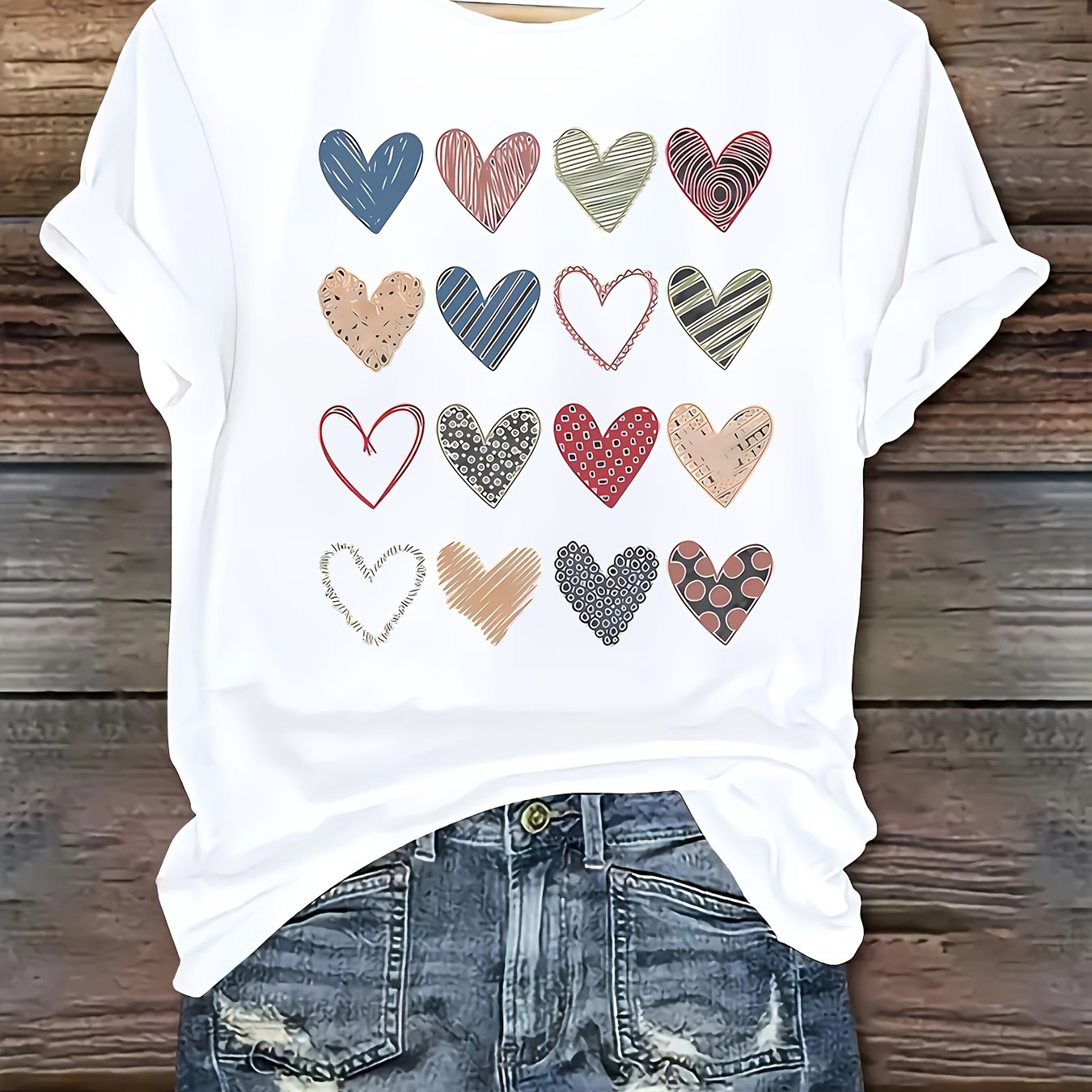Fashionable Women'S Collection Valentine'S Day Creative Heart Pattern Printed Casual Round Neck Short Sleeve T-Shirt